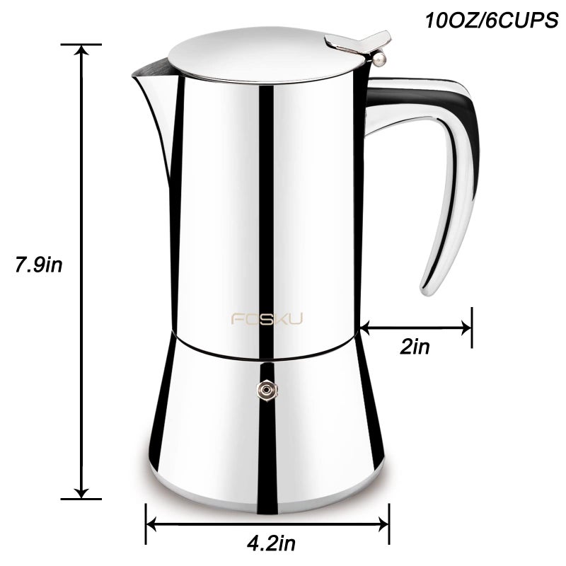 FOSKU Stovetop Espresso Maker, Stainless Steel Moka Pot, Italian Style Coffee Maker, Espresso Pot For 6 Cups, 300ml (Silver) - Image 2
